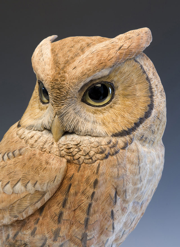 Screech Owl sculpture, close-up detail showing intricate feather carving and painting